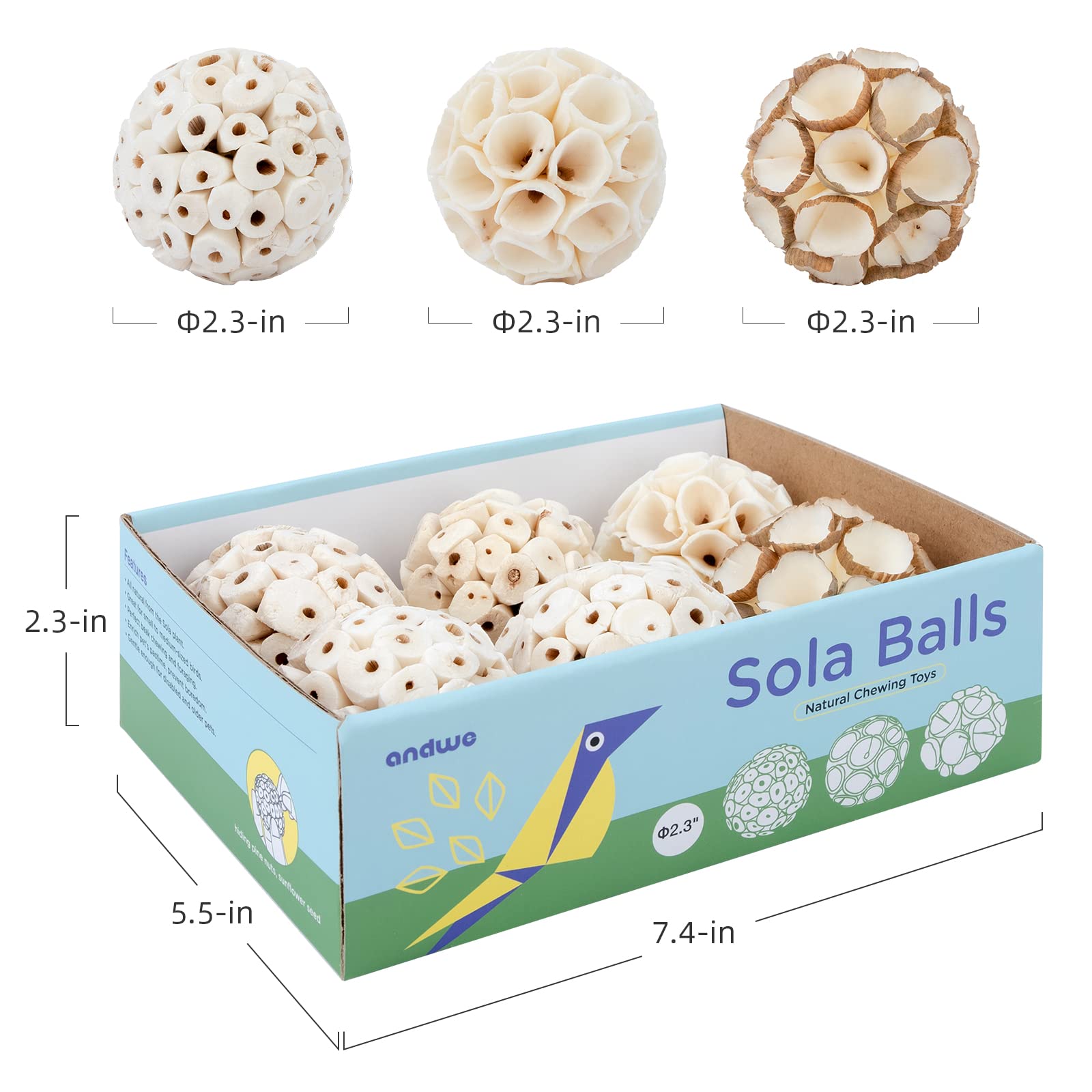 Andwe Bird Toy Sola Balls - Natural Soft Chew Shredding & Foraging Toy For Cockatiel Conure Quaker Parrot Budgie Parakeet Rabbit